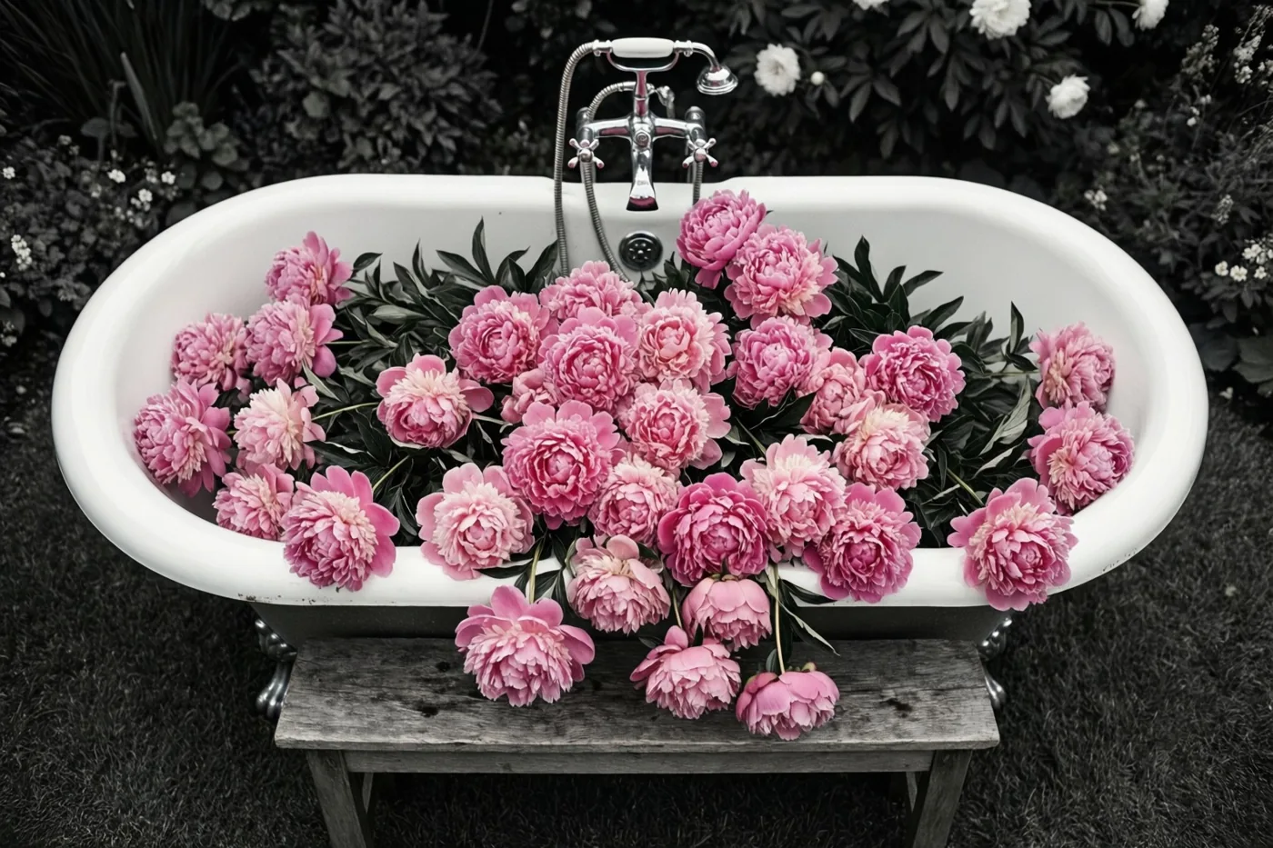 Een oud wit babybadje vol roze pioenen staat op een houten tafel in een tuin, waarbij alleen de bloemen roze zijn en de omgeving in zwart-wit is weergegeven.