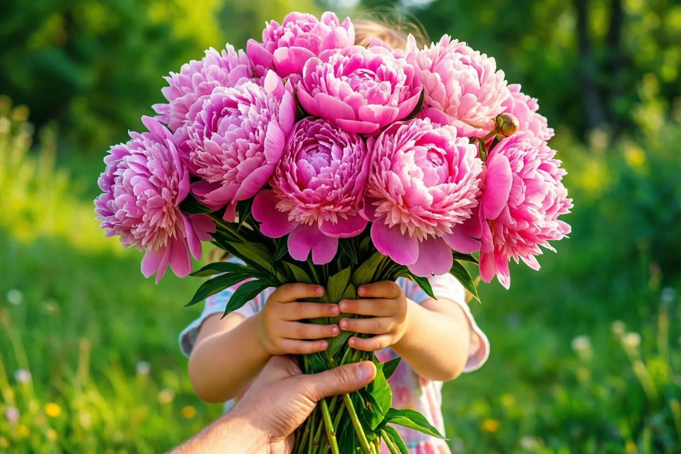 Kinderhanden en handen van een volwassene houden samen een groot boeket roze pioenen vast in een zonnige, groene tuin.