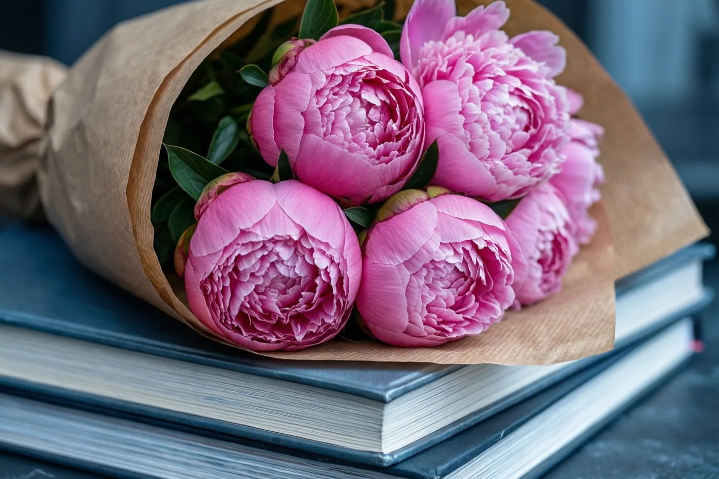 Een boeket roze pioenen in bruin kraftpapier ligt op een stapel blauwe schriften, met de zachte bloemblaadjes scherp in beeld en een onscherpe achtergrond.