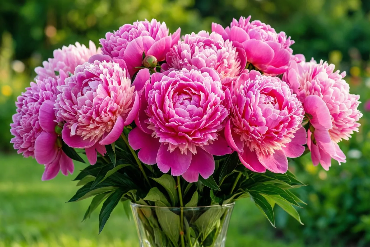 Een boeket volledig geopende roze pioenrozen staat in een doorzichtige glazen vaas tegen een wazige groene tuinachtergrond.