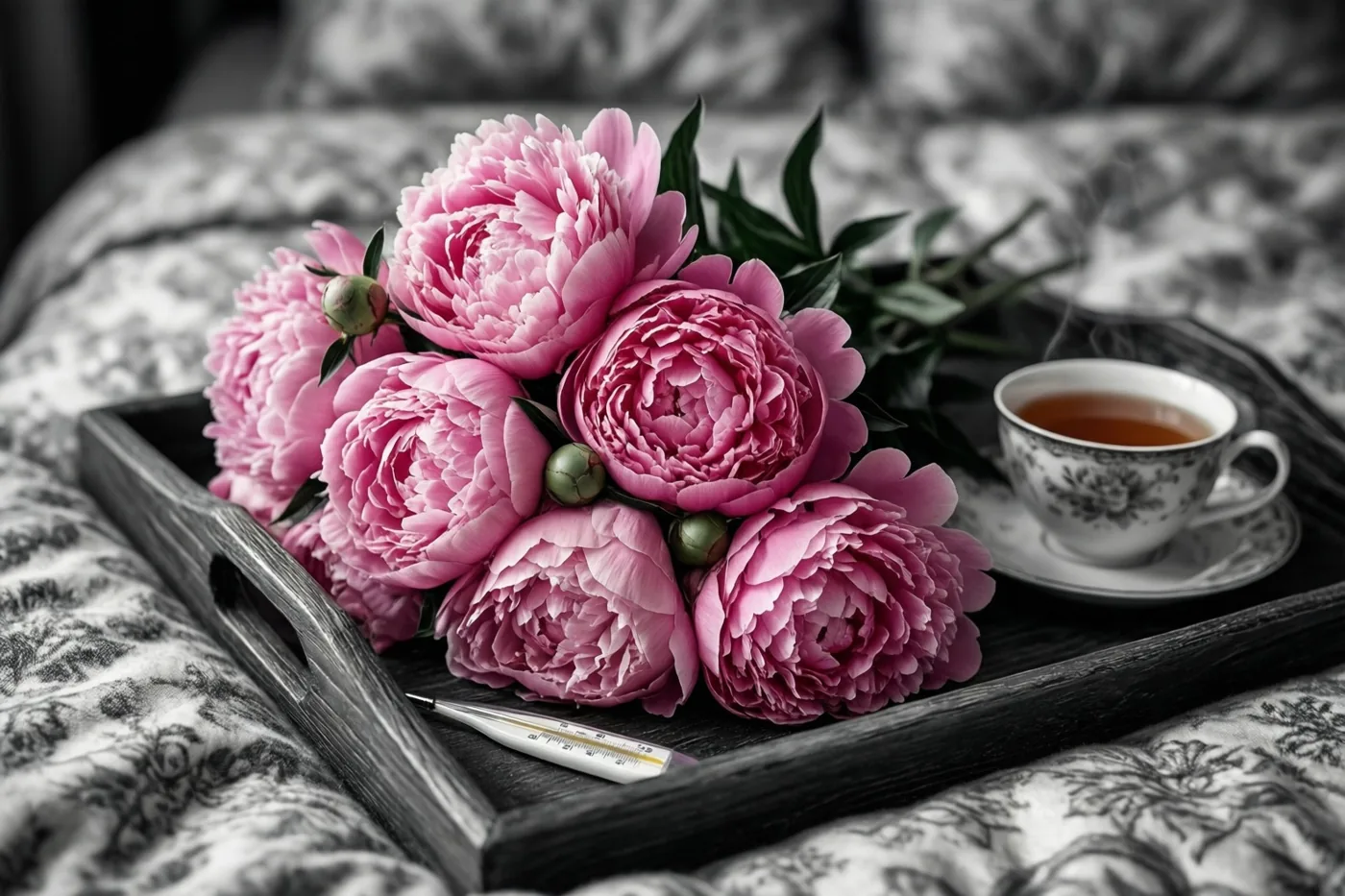 Roze pioenrozen, een kop thee en een thermometer staan op een donker houten dienblad op een dekbed met een patroon, waarbij de bloemen en thee afsteken tegen een zwart-witte achtergrond.