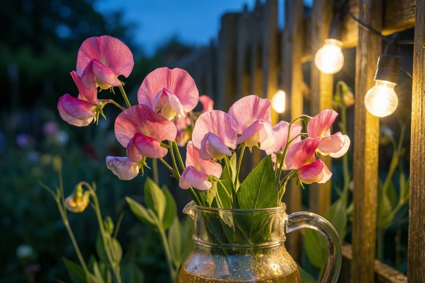Roze reukerwten staan in een heldere glazen kan naast een houten tuinomheining met brandende lichtjes onder een schemerblauwe lucht.