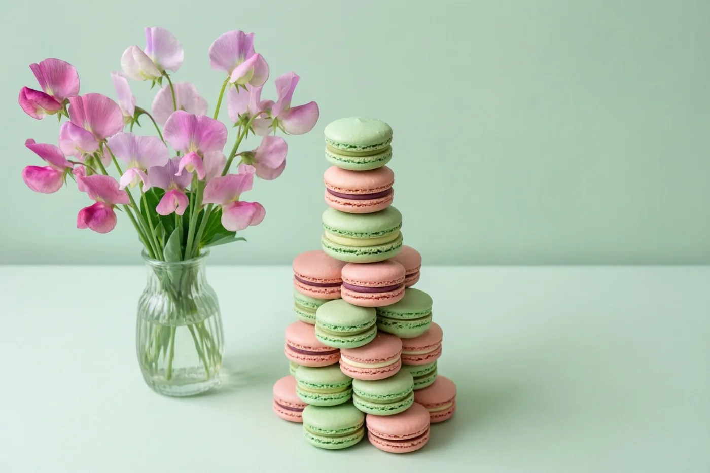 Een toren van pastelgroene en roze macarons staat naast een glazen vaas met roze reukerwten op een muntgroen oppervlak tegen een bijpassende achtergrond.