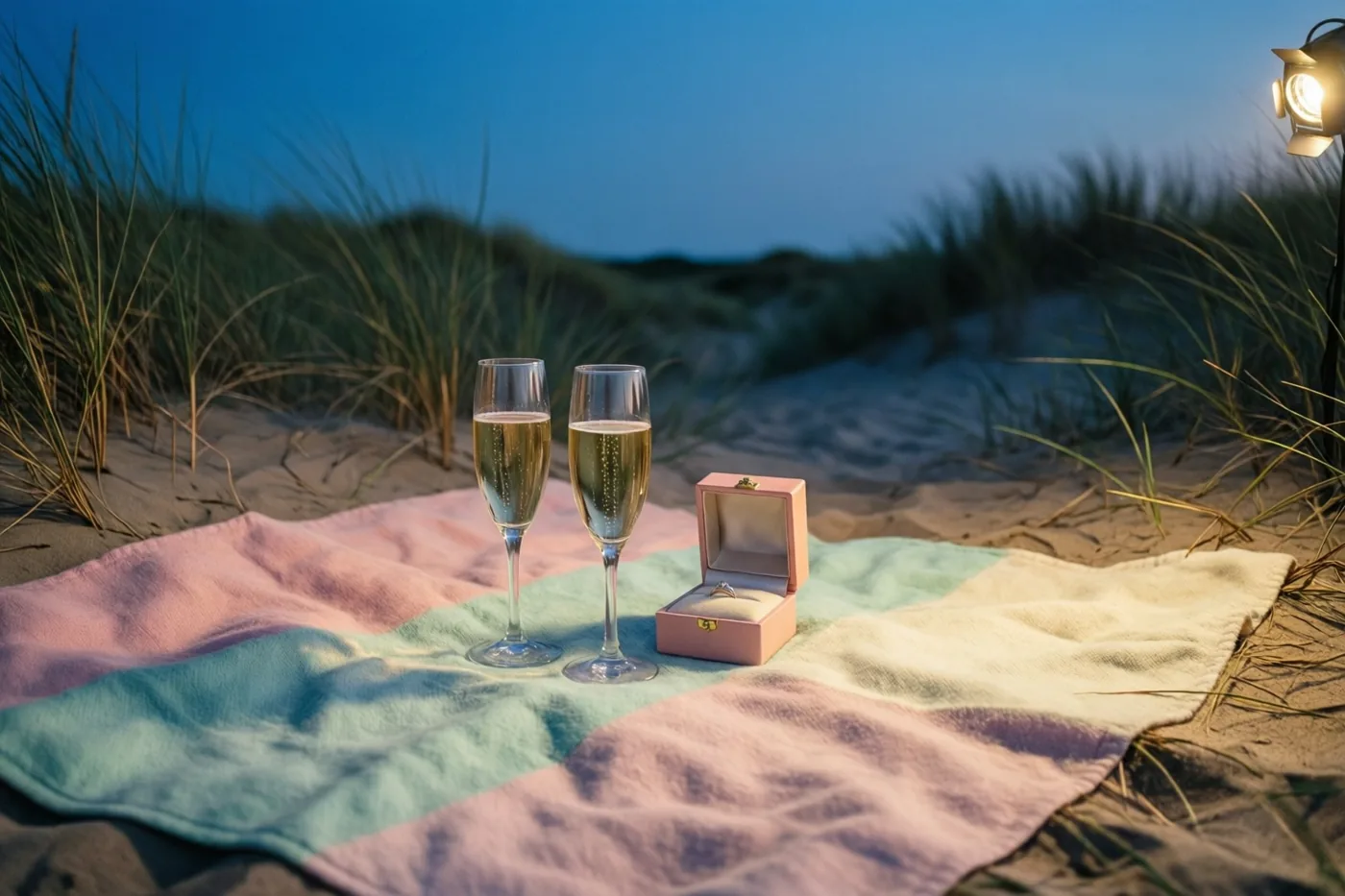 Twee champagneglazen en een open roze ringdoosje staan op een pastelkleurig deken in de zandduinen bij schemering, zacht verlicht door een spot.