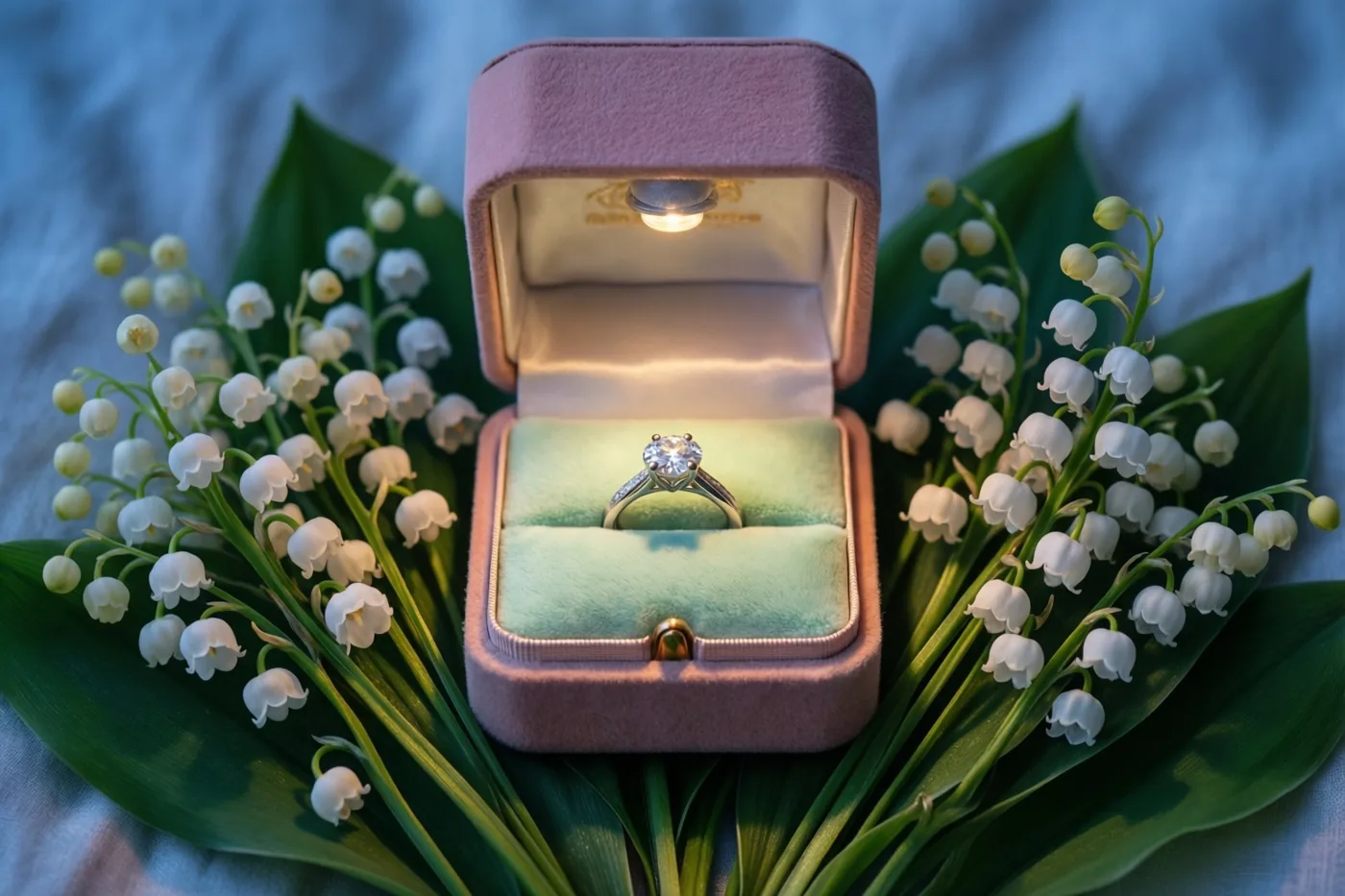 Een open rozefluwelen doosje met een ring met één diamant ligt op meiklokjes tegen een achtergrond van zachte blauwe stof.