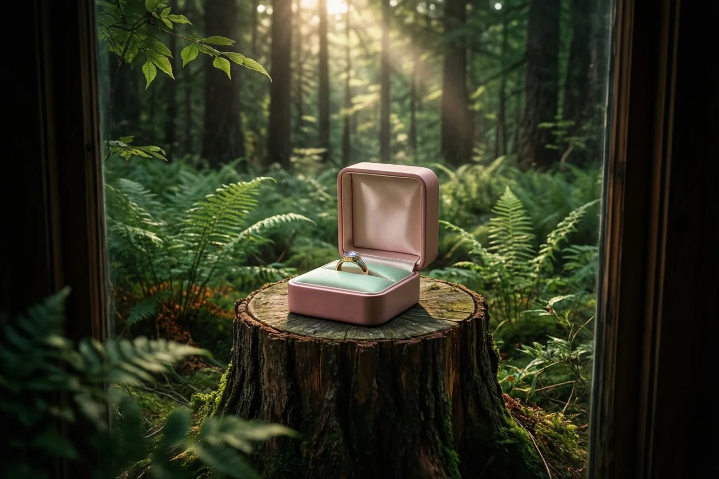 Door een raamkozijn is een open roze ringdoosje met een ring op een bemoste boomstronk te zien, op een zonnige open plek in het bos vol varens.