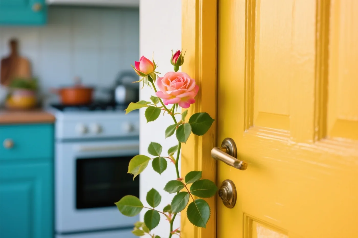 Een klimroos met een roze bloem en knoppen steekt door een gele deur op een kier, met blauwgroene keukenkasten en een witte oven erachter.