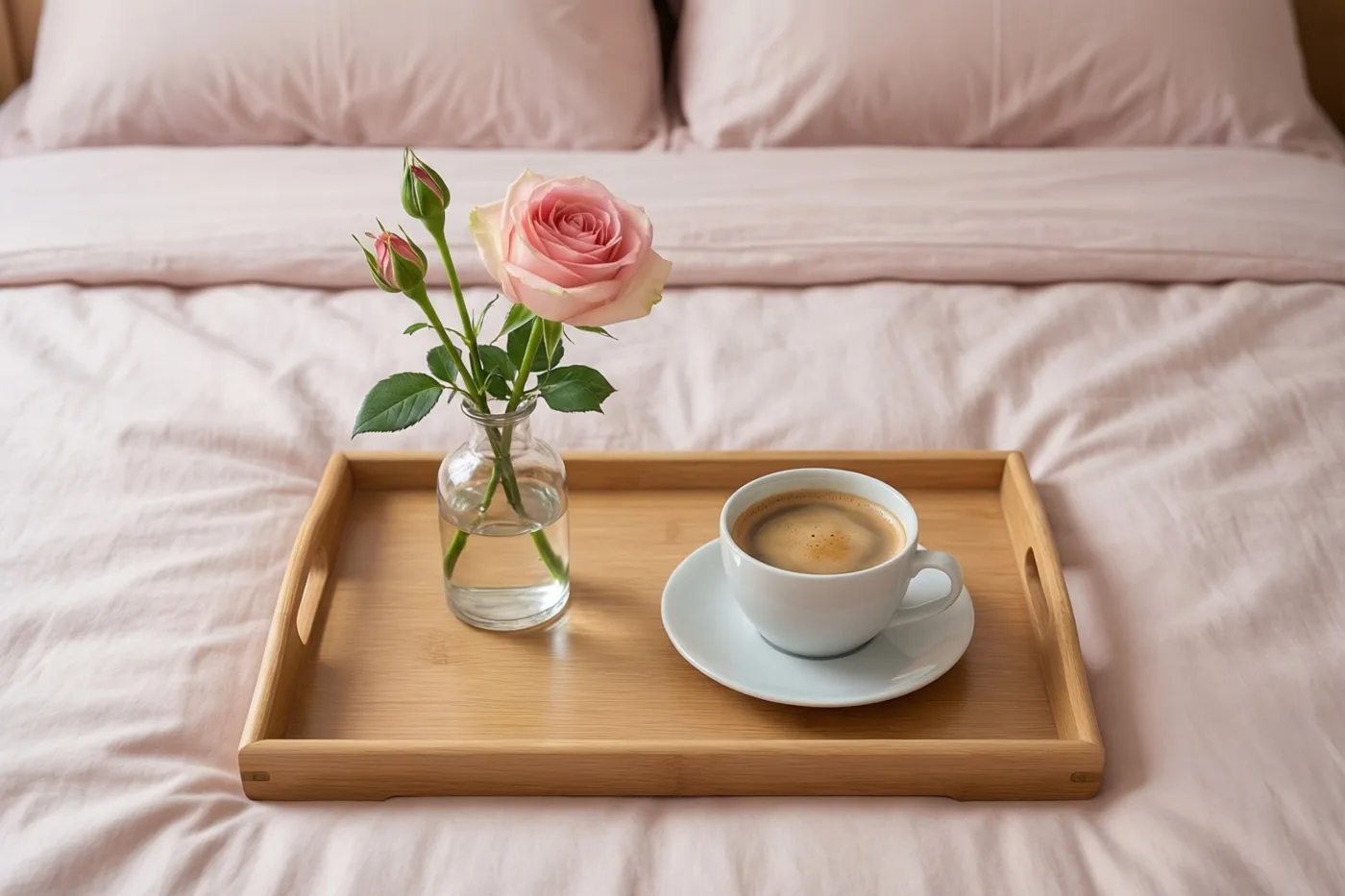 Een houten dienblad met een wit koffiekopje en een glazen vaas met een roze roos staat op een bed met roze beddengoed.