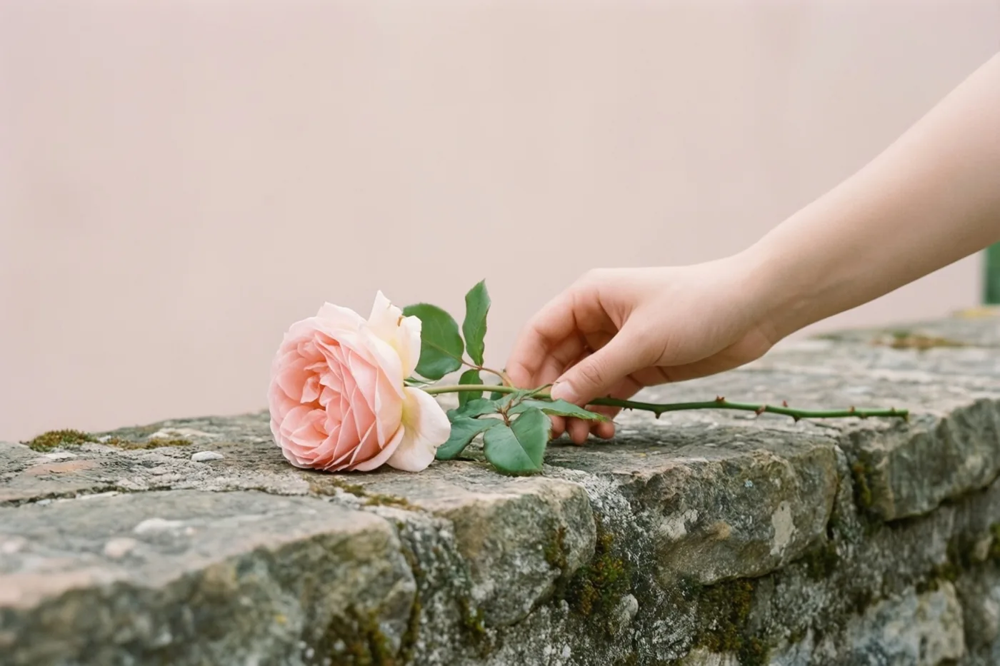 Een hand legt een roze roos op een verweerde stenen muur, tegen een zachte neutrale achtergrond in gedempte tinten.