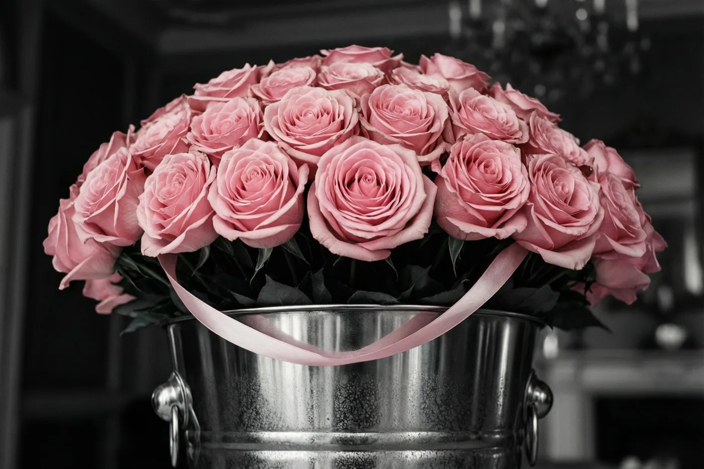 Een groot boeket roze rozen staat in een zilverkleurige champagnekoeler met een roze lint over de rand, tegen een donkere onscherpe achtergrond.
