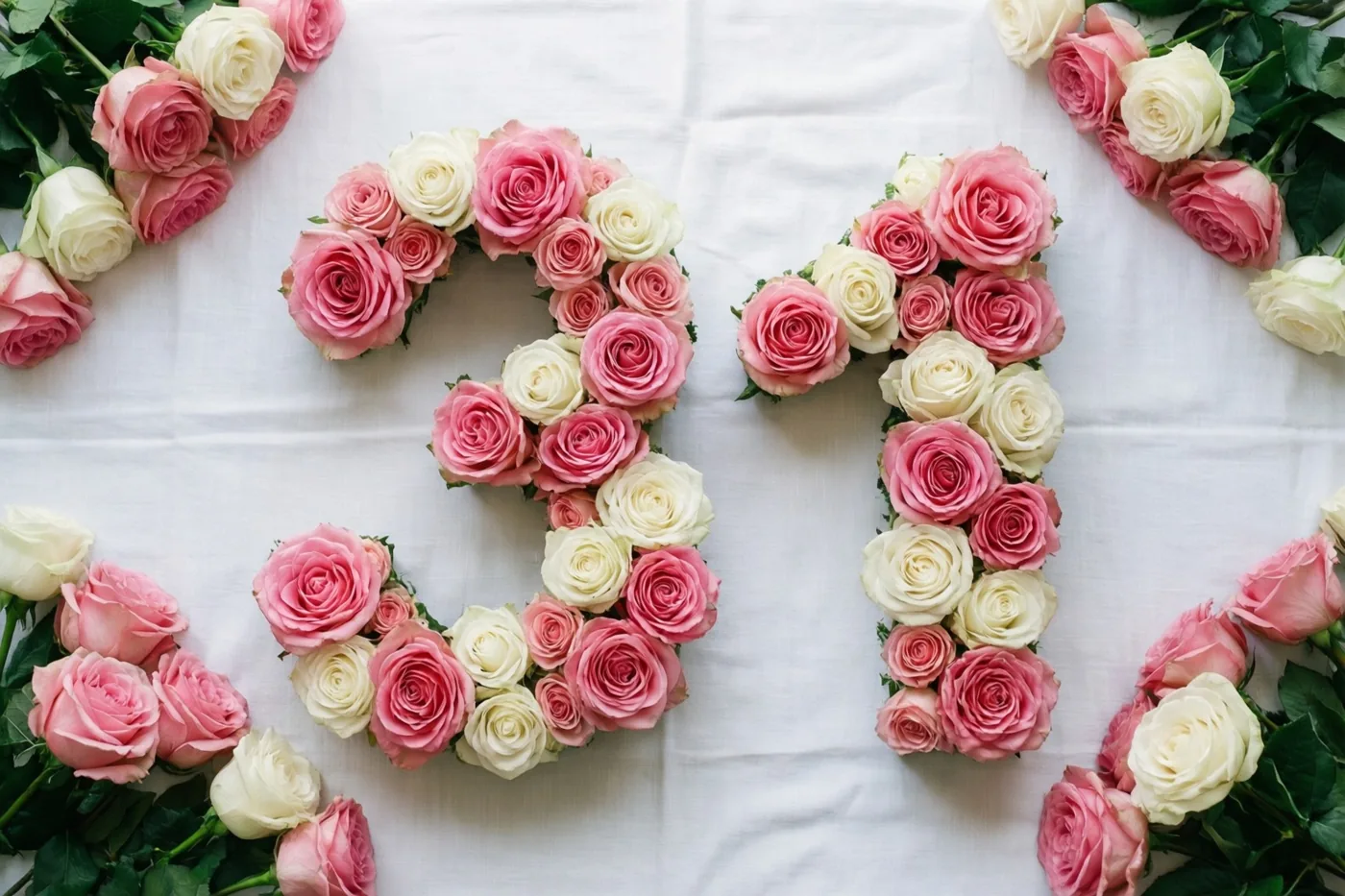 Het getal 31 is gevormd met roze en witte rozen op een wit tafellaken, gefotografeerd van bovenaf.