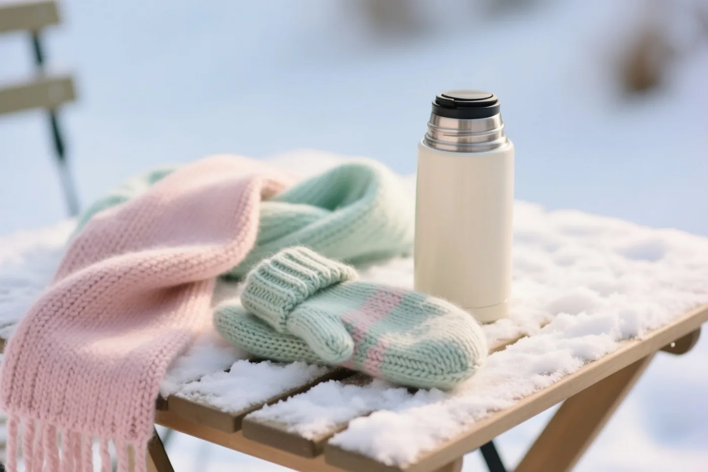 Op een besneeuwde houten tafel buiten liggen een roze gebreide sjaal en lichtgroen met roze gestreepte wanten naast een crèmekleurige thermosfles.