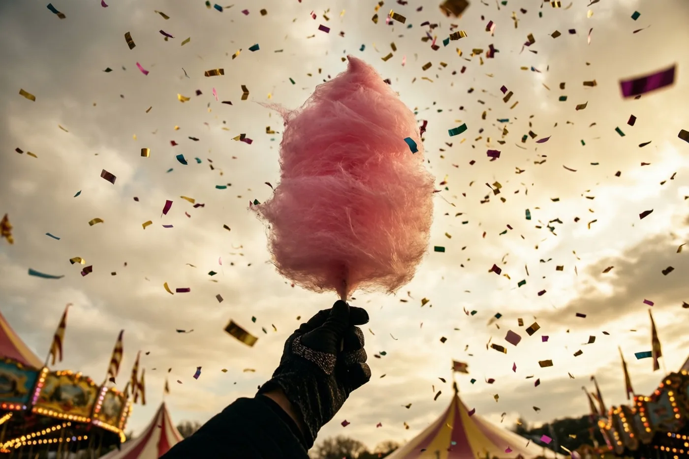 Een hand met een handschoen houdt een grote roze suikerspin vast onder een bewolkte lucht met vallende gekleurde confetti, met kermistenten en attracties op de achtergrond.
