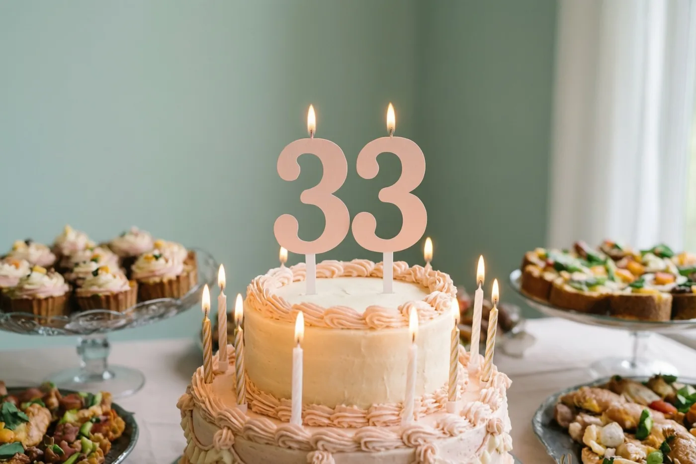 Een taart met meerdere verdiepingen, roze glazuur, brandende kaarsen en een papieren versiering met 33 staat tussen desserts op een buffettafel voor een zachtgroene muur.