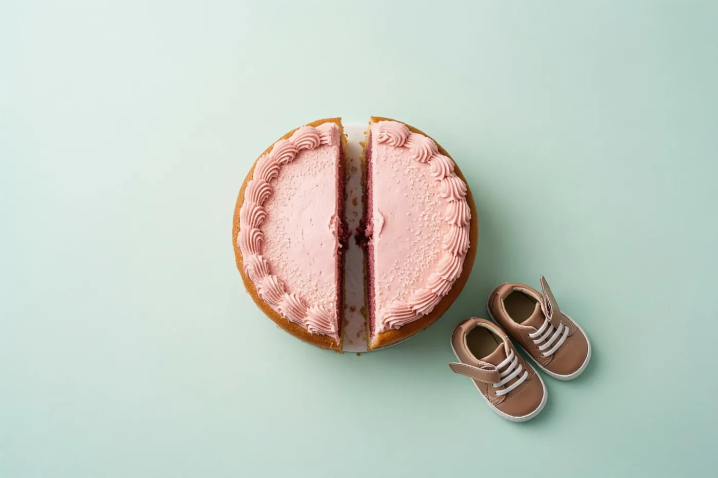 Een opengesneden ronde taart met roze glazuur en een roze binnenkant staat naast kleine bruine babyschoentjes met witte veters tegen een lichtblauwe achtergrond.
