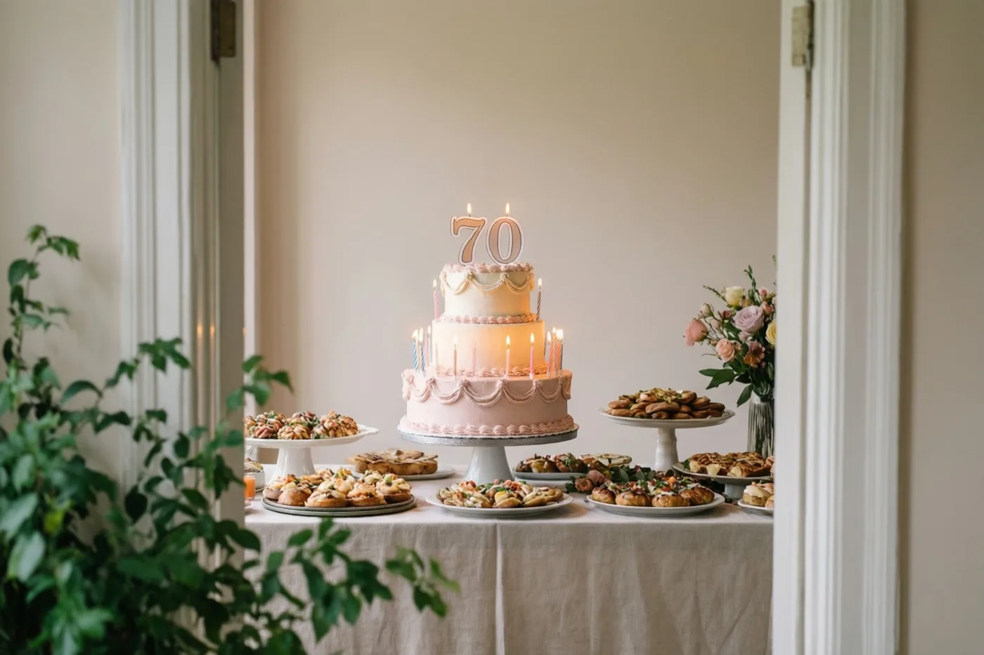 Door een deuropening is een roze taart met drie verdiepingen, een papieren 70 en brandende kaarsjes op een buffet te zien, met groen vooraan en bloemstukken aan weerszijden.