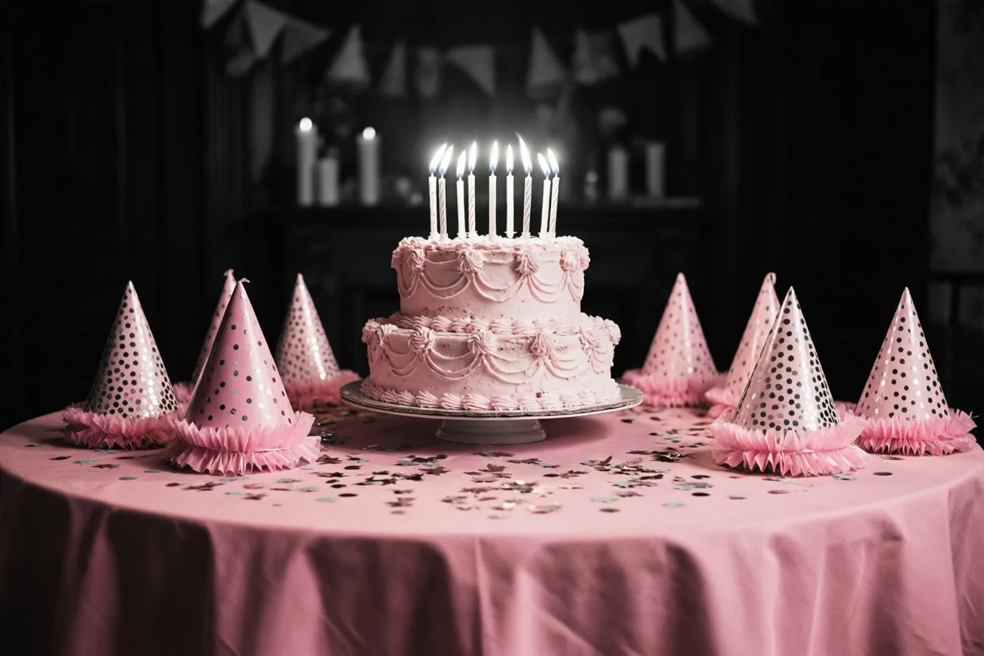 Een zachtroze taart met twee verdiepingen en brandende kaarsjes staat op een ronde tafel met een roze tafelkleed, roze feesthoedjes met stippen en confetti in een schemerige kamer met onscherpe kaarsen op de achtergrond.