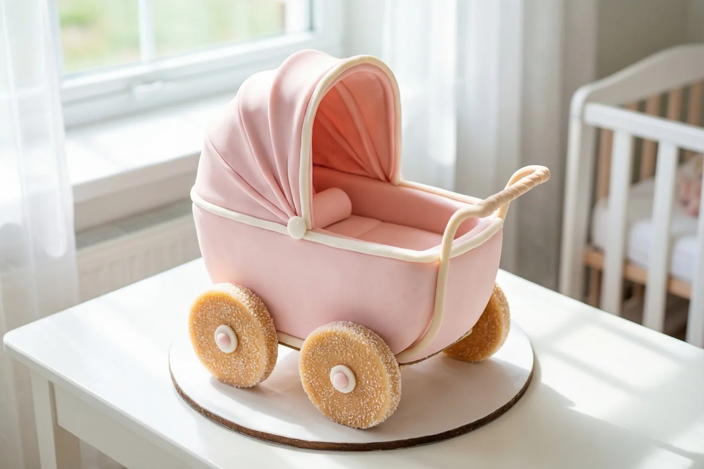 Een roze taart in de vorm van een kinderwagen met suikerwielen staat op een witte tafel in een babykamer, verlicht door daglicht uit een raam.