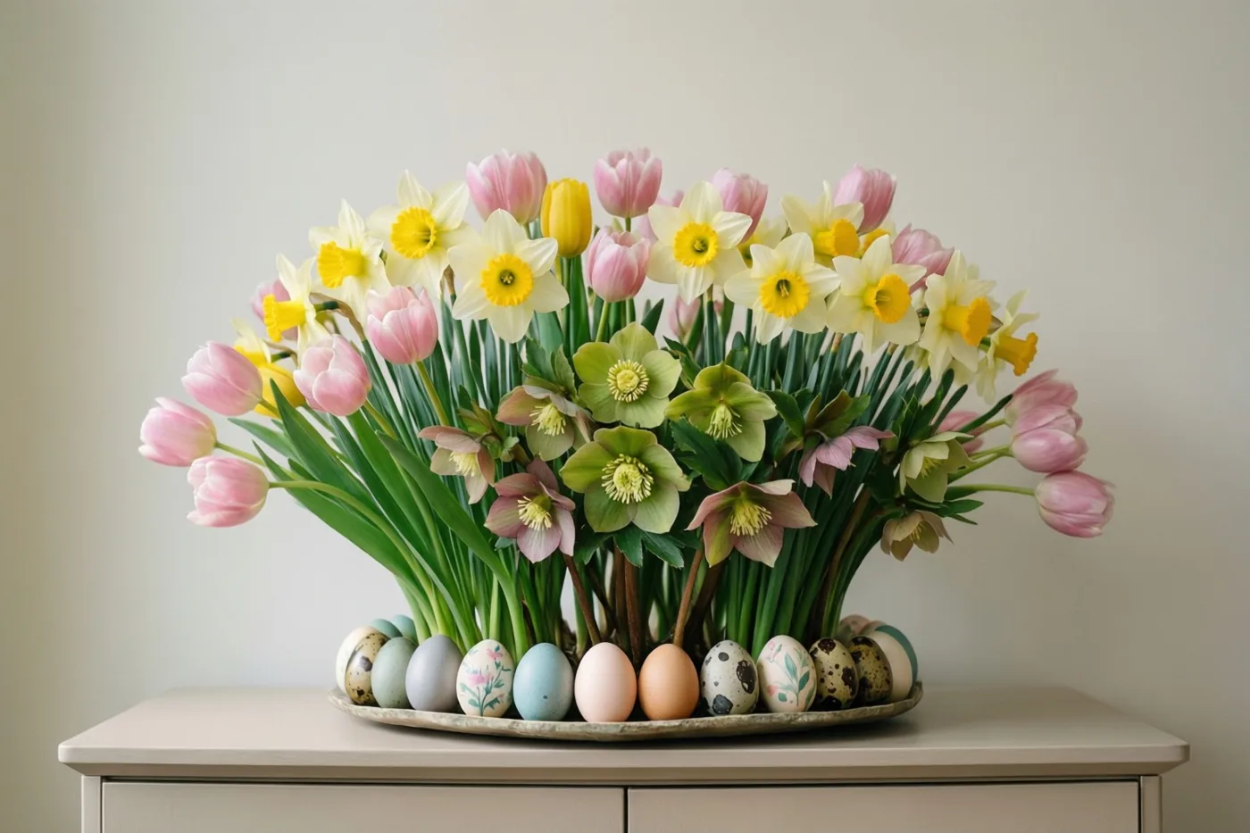 Een groot boeket met roze tulpen, gele narcissen en groene helleborussen staat op een lichtgekleurd dressoir voor een lichte muur, met beschilderde paaseieren eromheen.
