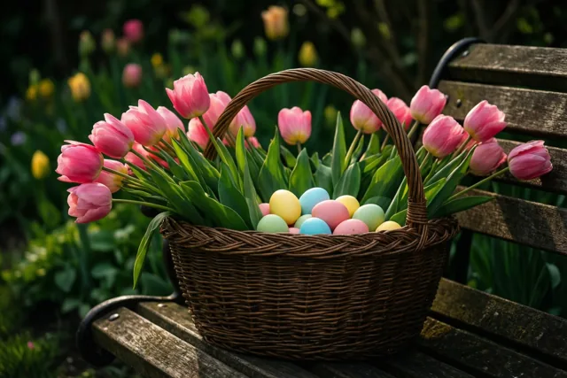 Paaswensen met roze tulpen