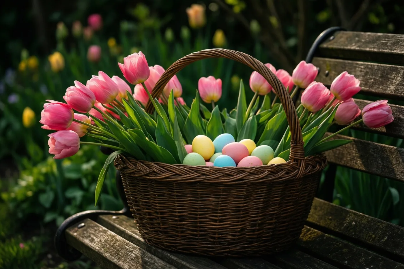 Een rieten mand met roze tulpen en pastelkleurige paaseieren staat op een houten tuinbank in een weelderige tuin, bij zacht daglicht.