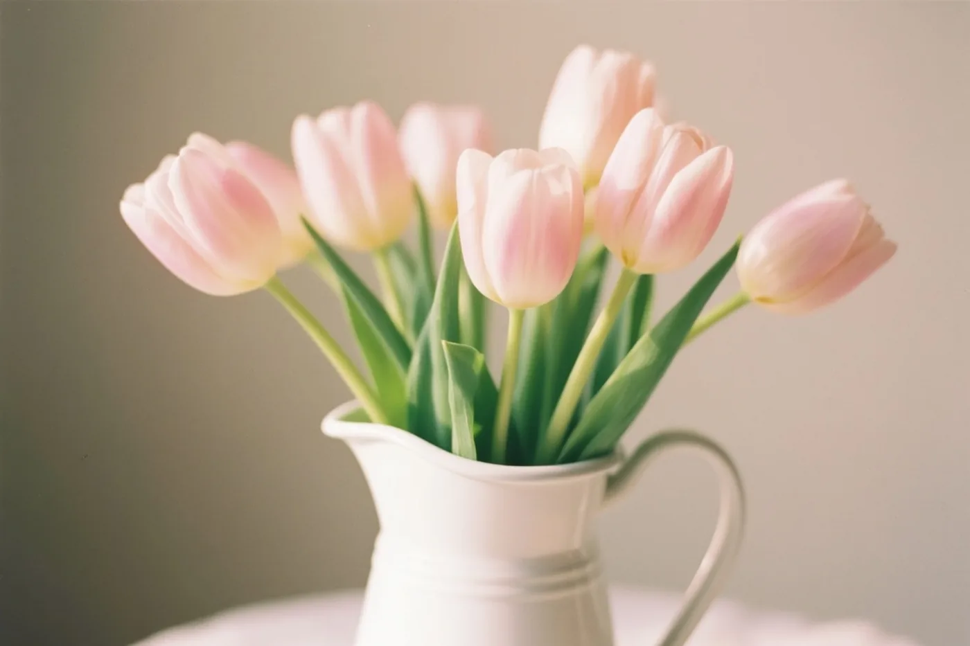 Een boeket pastelroze tulpen met groene stelen staat in een witte keramieken kan, zacht belicht tegen een wazige achtergrond.