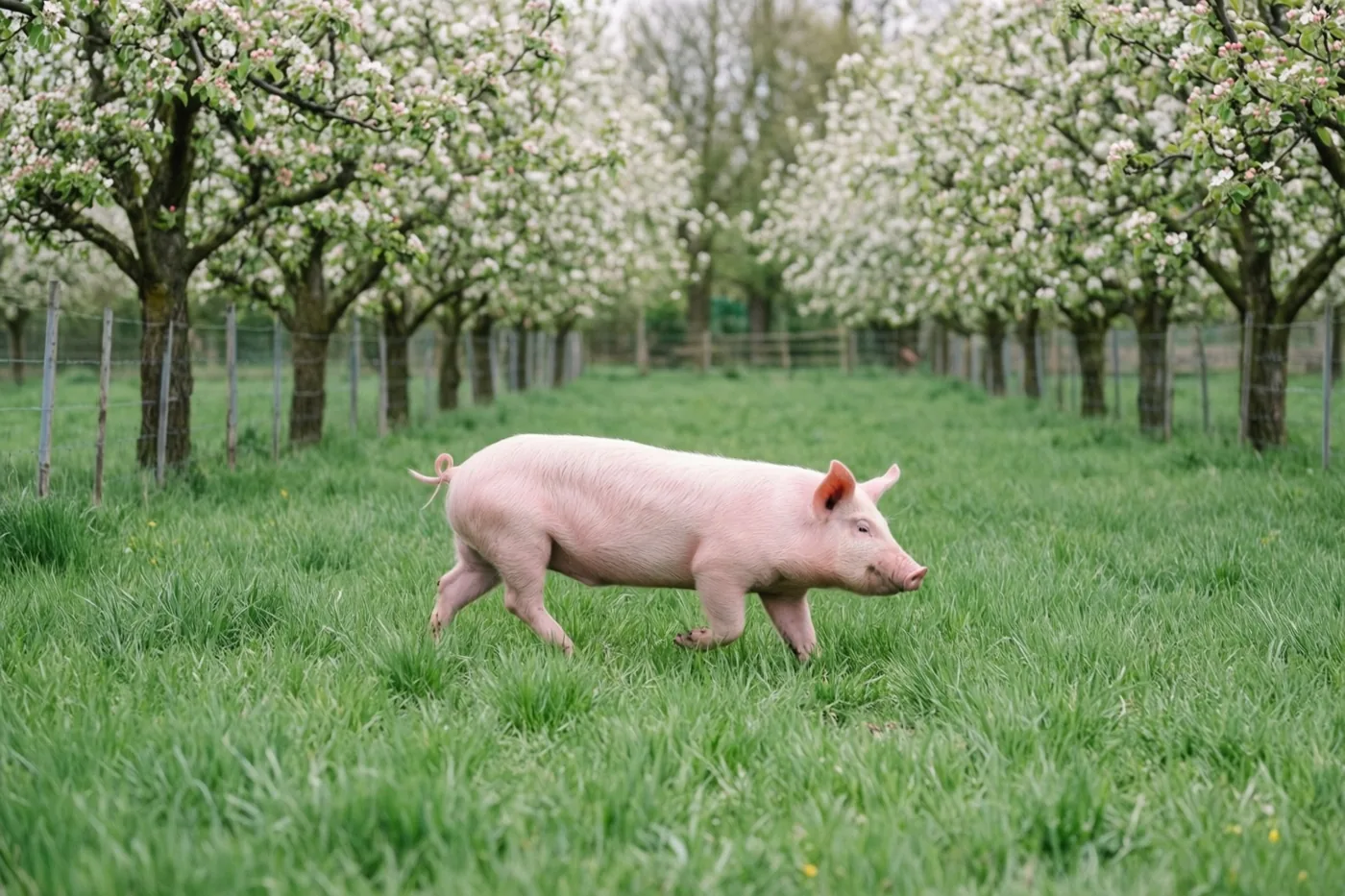 Een roze varken wandelt door frisgroen gras, met achter een afsluiting rijen witbloeiende perenbomen.