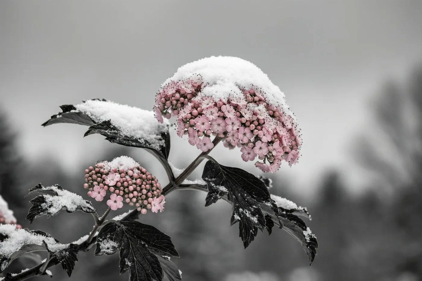 Een winterviburnumtak met trosjes lichtroze bloemen onder een laagje sneeuw is van dichtbij te zien tegen een grijze lucht.