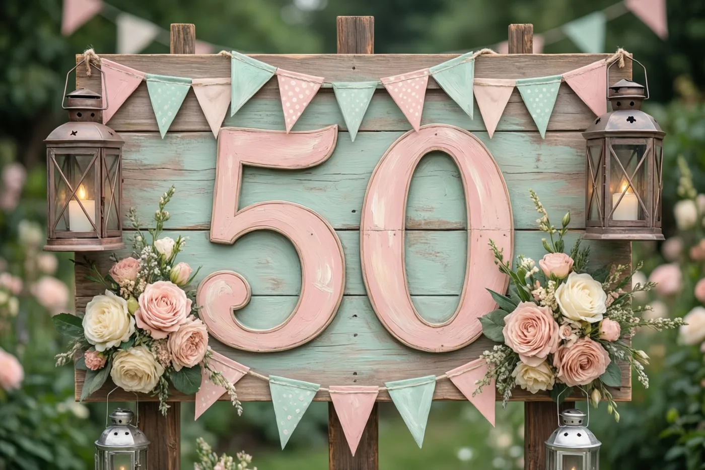 Een houten bord met 50 in roze verf staat in een tuin tussen pastelvlaggetjes en bloemstukken, verlicht door oude lantaarns.