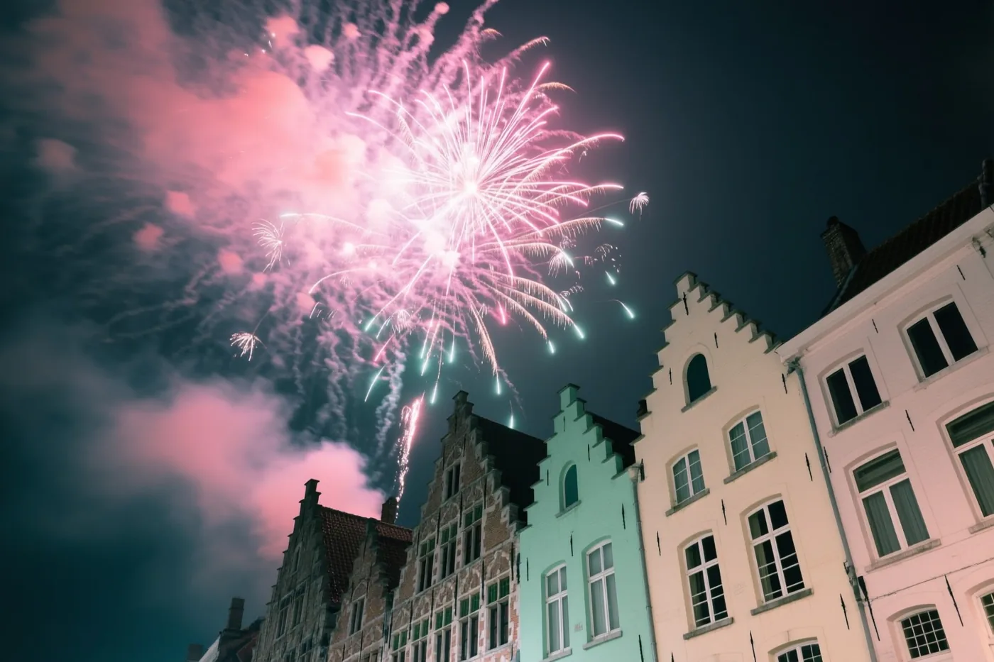 Roze en wit vuurwerk spat uiteen boven historische middeleeuwse huizen langs de Leie in Gent, onder een diepblauwe nachthemel.