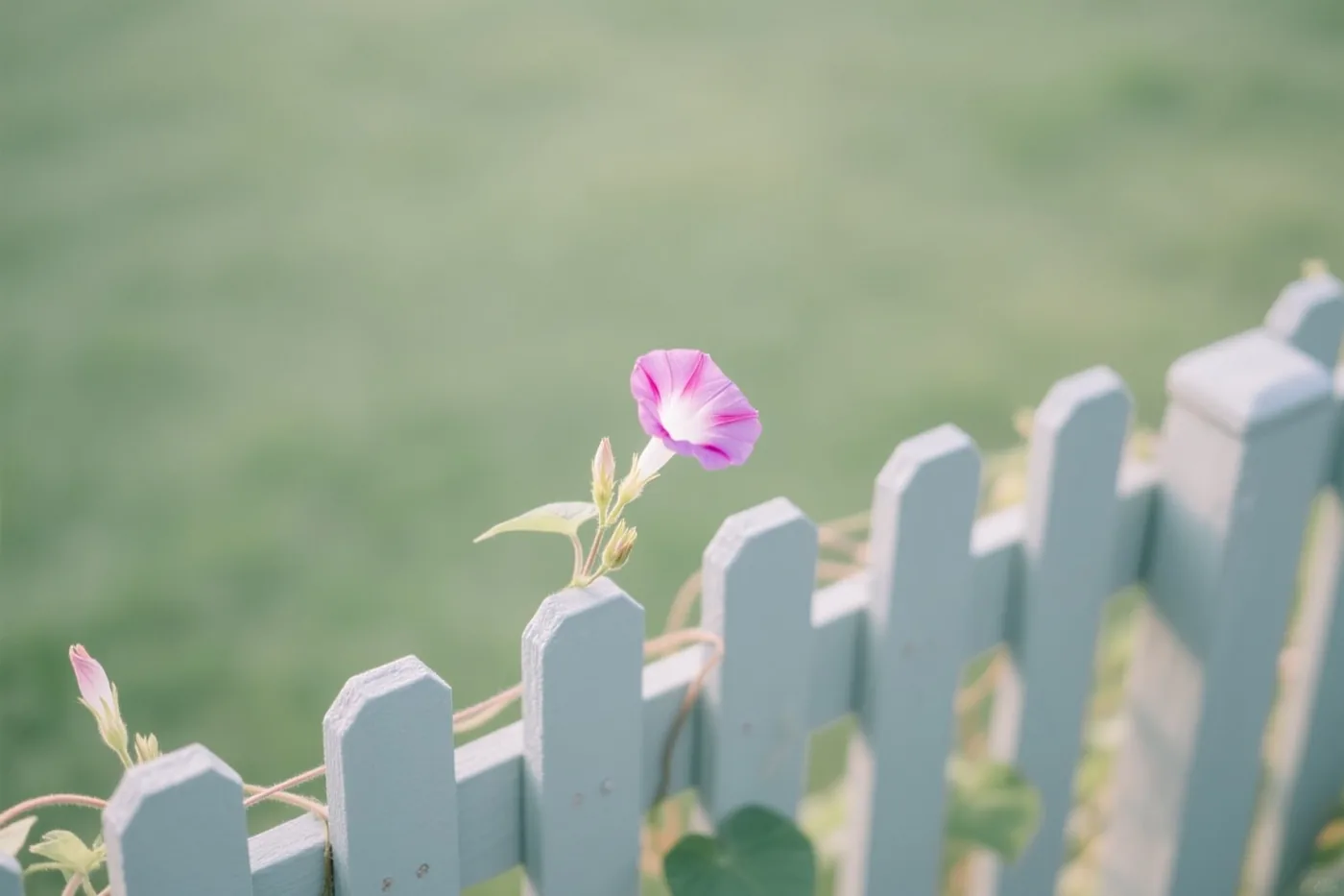Een roze klimmende windebloem bloeit boven op een lichtblauw lattenhek, tegen een zachtgroene achtergrond.