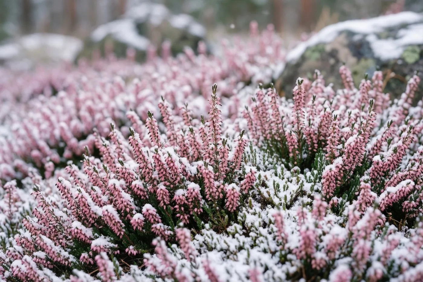 Een dicht tapijt roze winterheide met donkergroen blad groeit tussen rotsen in een tuin en is licht bestoven met sneeuw.