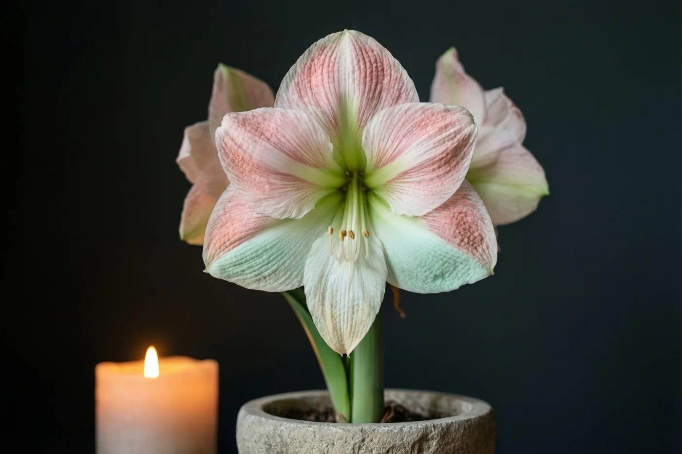 Een amaryllisbloem met roze en witte bloemblaadjes staat in een stenen pot en wordt verlicht door een brandende kaars tegen een donkere achtergrond.