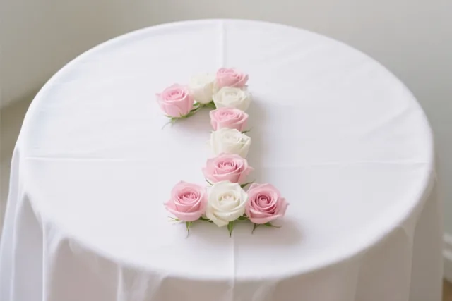 Roze en witte rozen vormen het cijfer 1 op een wit tafelkleed, van bovenaf gefotografeerd bij zacht licht.