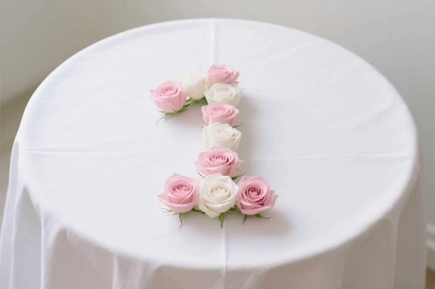 Roze en witte rozen vormen het cijfer 1 op een wit tafelkleed, van bovenaf gefotografeerd bij zacht licht.