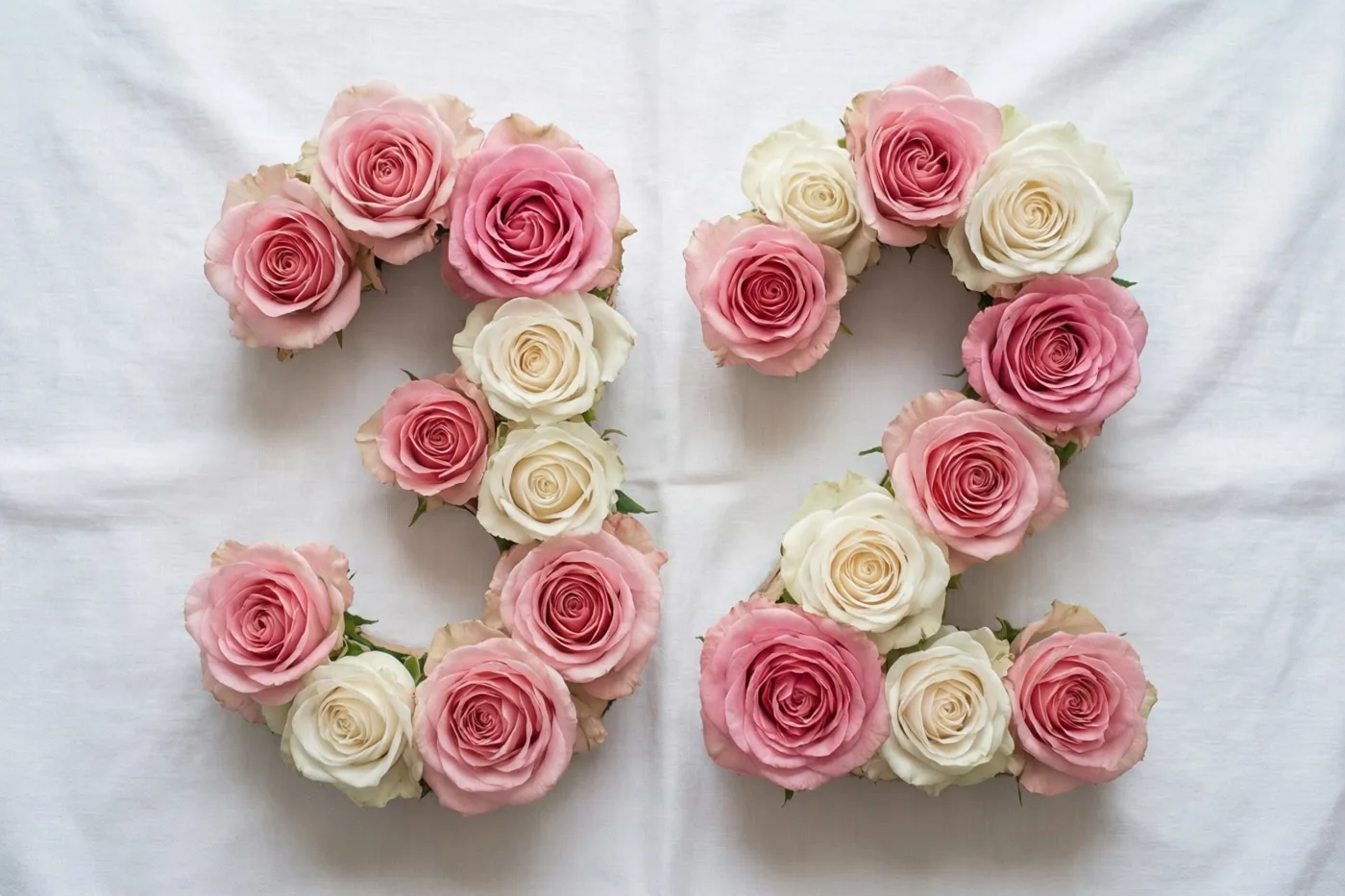 Van bovenaf is het getal 32 te zien, gevormd door roze en witte rozen op een wit tafellaken.