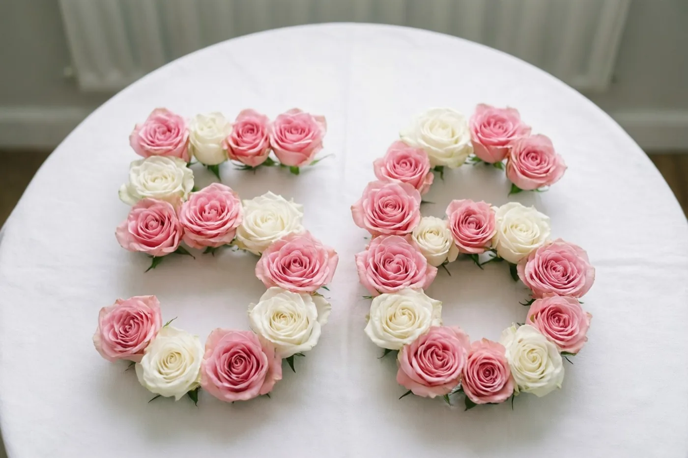 Het getal 56 is met roze en witte rozen op een wit tafelkleed gelegd en van bovenaf in zacht licht gefotografeerd.