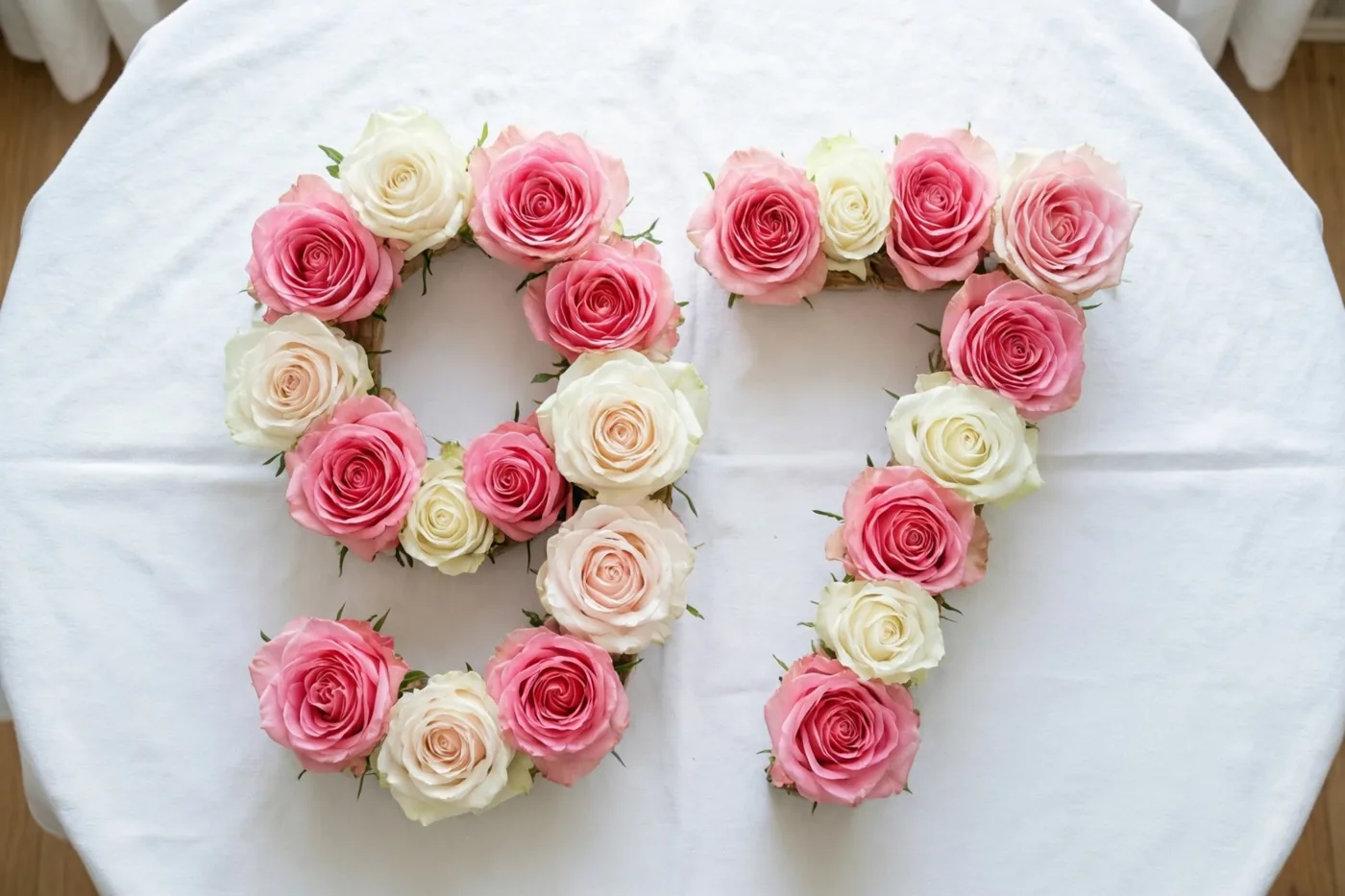 Roze en witte rozen vormen het getal 97 op een wit tafelkleed, van bovenaf gefotografeerd in zachte pasteltinten.