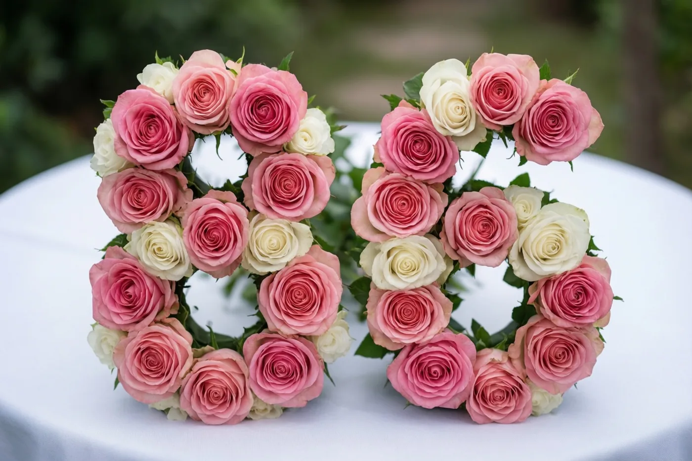 Van bovenaf zijn roze en witte rozen te zien die het getal 86 vormen op een wit tafelkleed met een zachte, natuurlijke achtergrond.