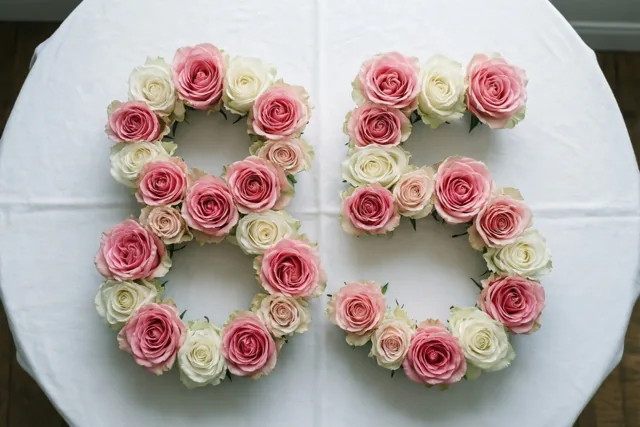 Roze en witte rozen vormen 85 op een wit tafelkleed, recht van bovenaf gezien in zachte pasteltinten.