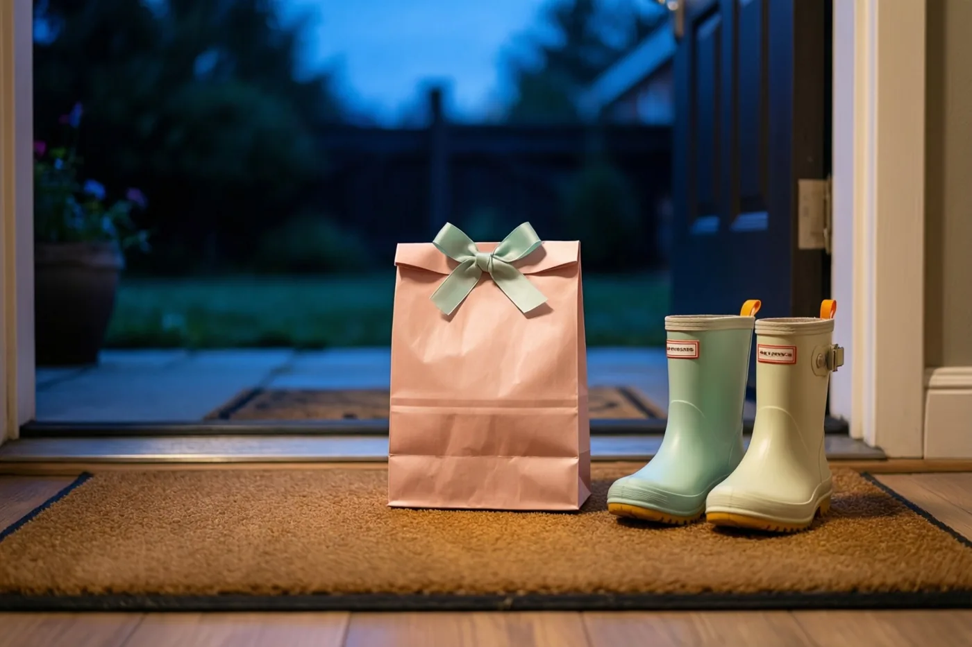 Een klein roze papieren zakje met een lichtgroene strik staat op een bruine deurmat naast pastelkleurige kinderregenlaarzen bij een deuropening.