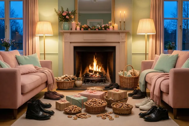 In een woonkamer met roze zetels en een brandende haard liggen cadeaus en manden met pepernoten bij schoenen op de vloer, verlicht door lampen en kaarsen.