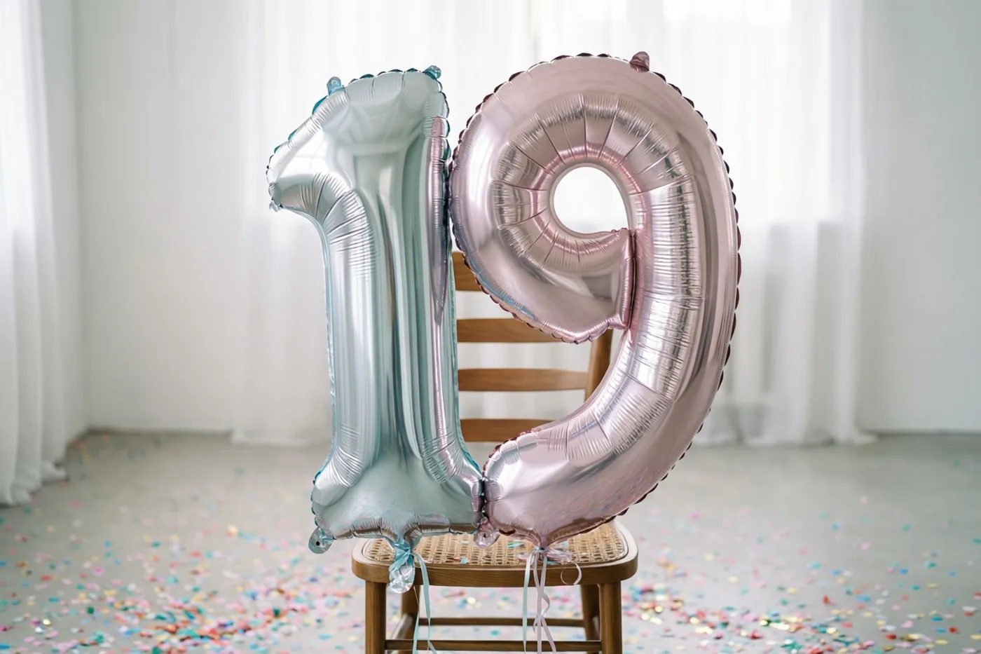 Een zilveren en een pastelroze folieballon in de vorm van 1 en 9 zijn vastgebonden aan een houten stoel in een lichte kamer met confetti op de vloer.