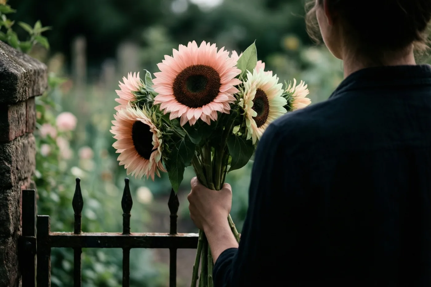 Een persoon, van achteren gezien, houdt een boeket roze zonnebloemen boven een zwart metalen tuinhek in een groene tuin met een stenen muur.