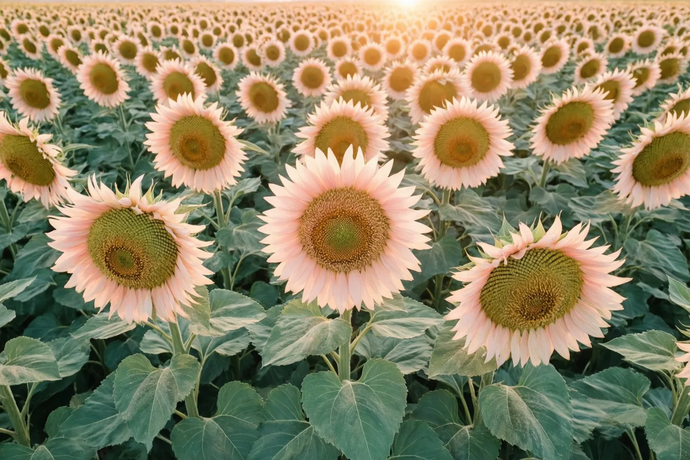 Een veld roze zonnebloemen met groene bladeren staat van de ondergaande zon afgewend in een warme gouden gloed.