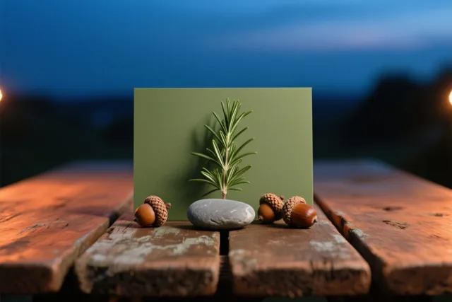 Een takje rozemarijn, een gladde grijze kiezel en enkele eikels liggen op een verweerde houten tafel, met een onscherpe schemerlucht en warme lichtjes erachter.