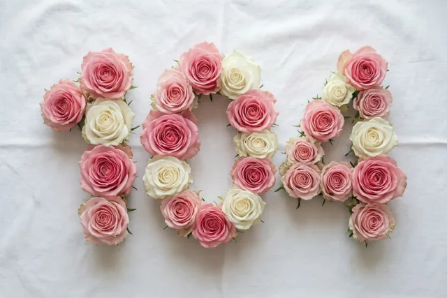 Van bovenaf zijn roze en witte rozen te zien die 104 vormen op een wit tafelkleed in zachte belichting.