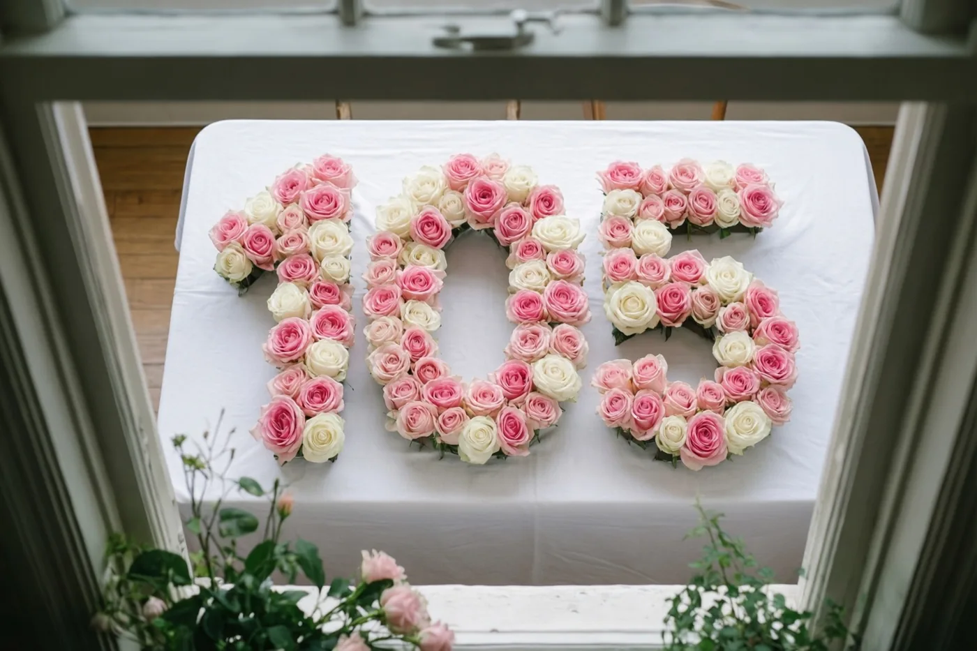 Roze en witte rozen vormen 105 op een wit tafelkleed, van bovenaf gezien door een raamkozijn in zacht licht.