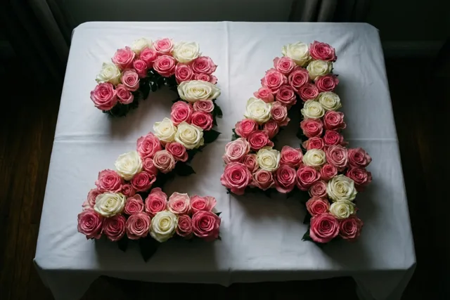 Van bovenaf zijn roze en witte rozen te zien die 24 vormen op een wit tafelkleed in zacht licht.