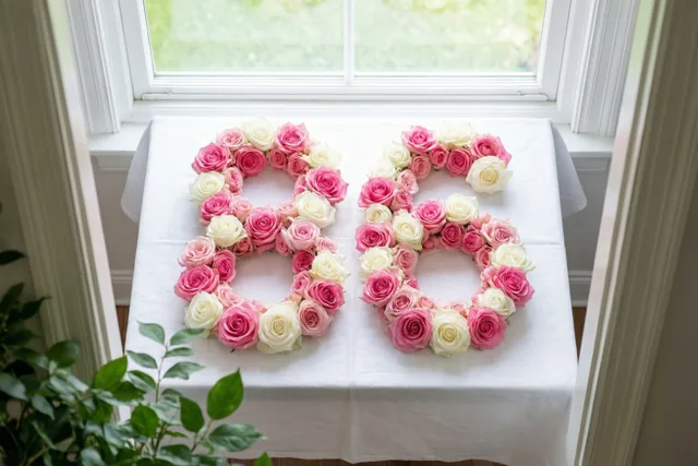 Van recht bovenaf zijn roze en witte rozen te zien die 86 vormen op een wit tafelkleed bij een raam, met groene bladeren op de voorgrond.